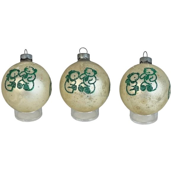 3 Vintage Shiny Brite Christmas Ornaments Teddy Bear Stencil Glitter Green White - Picture 6 of 12